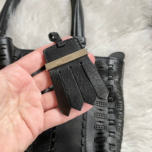 Tod's Laser Cut Flower Tote Shoulder Bag Small Lazer Perforated Black Leather - Picture 2 of 16